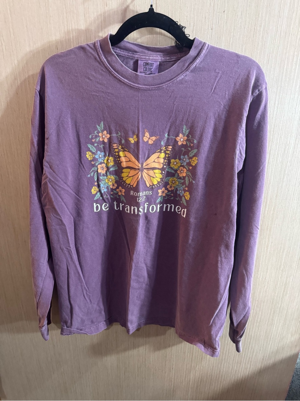 Comfort Colors Romas 12:2 Purple Long-Sleeve Tee with Butterfly Floral Graphic